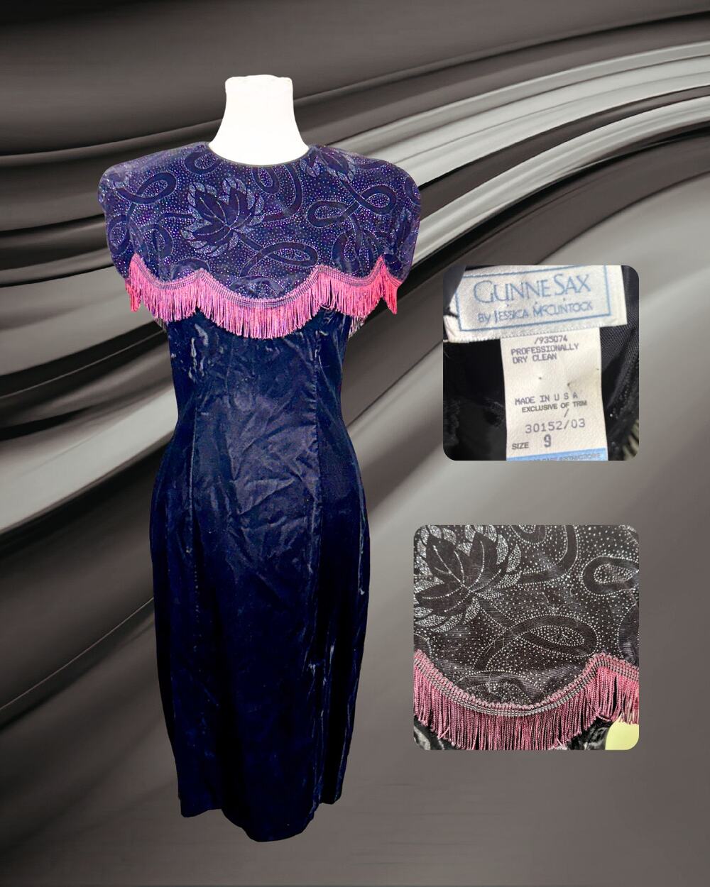 Vintage 80s Gunne Sax Jessica McClintock Black Velvet Beaded Wiggle Dress 9